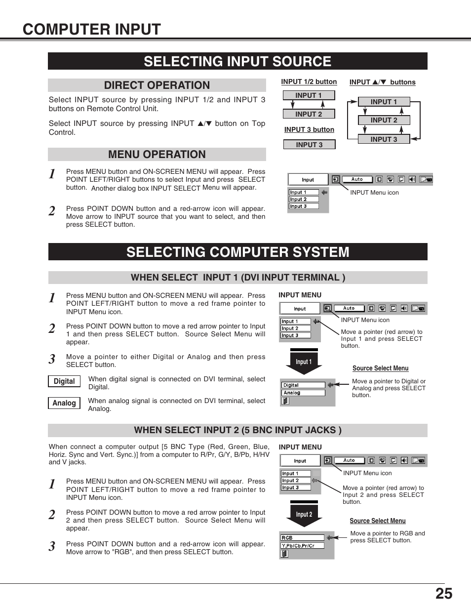 25 computer input, Selecting input source, Selecting computer system | Menu operation, Direct operation | Christie Digital Systems Matrix 2500 38-MX2001-01 User Manual | Page 25 / 52