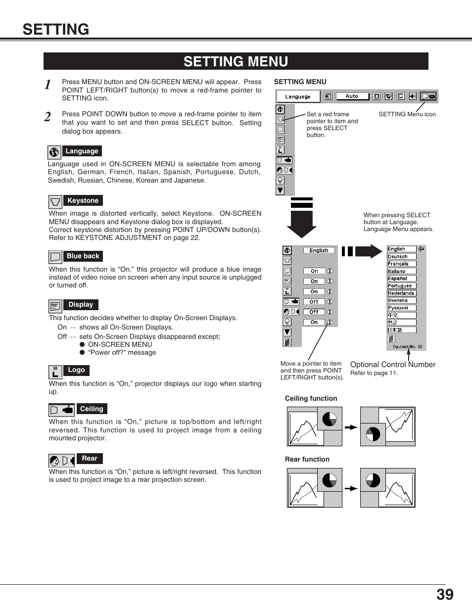 39 setting, Setting menu | Christie Digital Systems Matrix 2500 38-MX2001-01 User Manual | Page 39 / 52