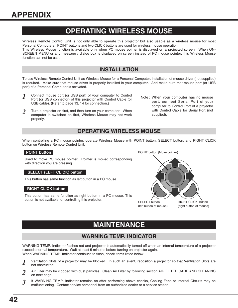 42 appendix, Operating wireless mouse, Maintenance | Christie Digital Systems Matrix 2500 38-MX2001-01 User Manual | Page 42 / 52