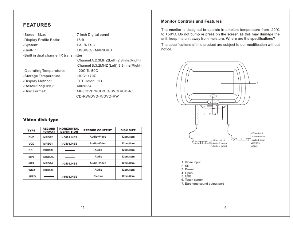 Features, Video disk type | Tview T77DVTS User Manual | Page 5 / 8