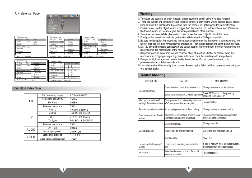 页面 10, Preference page, Function index sign | Trouble shooting warning | Tview D75TSB User Manual | Page 10 / 10