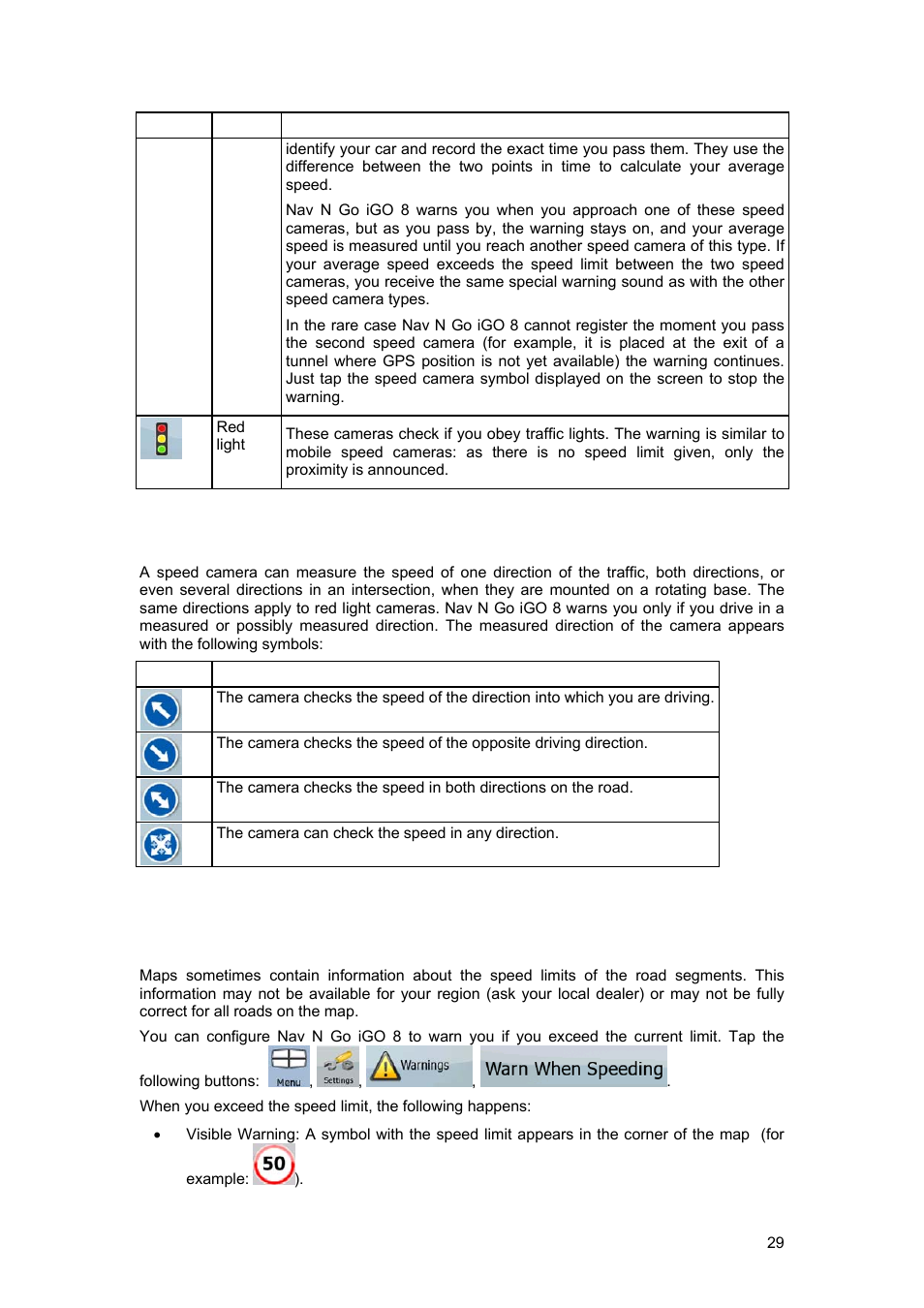 2 camera directions, 11 speed limit warning, 12 tmc (traffic message channel) | Tview D65TSG User Manual | Page 29 / 88