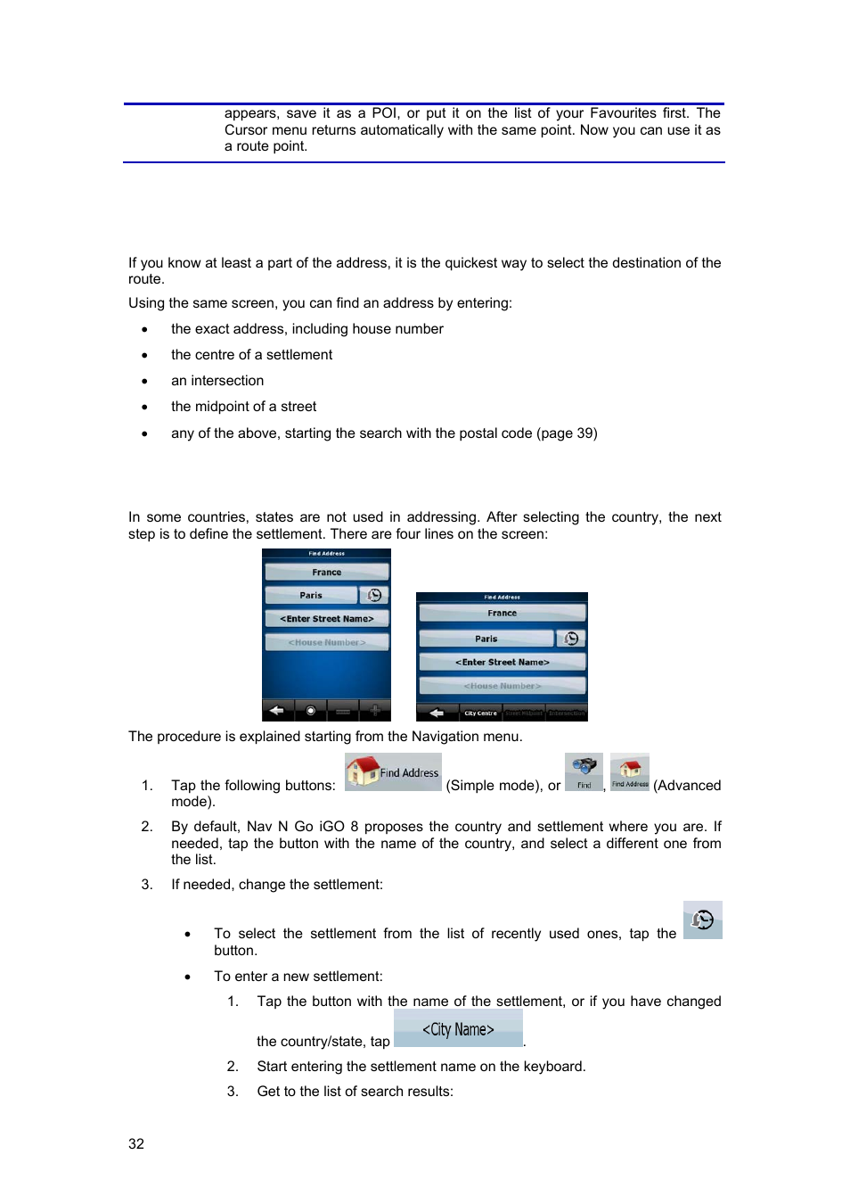 2 entering an address or part of an address, 1 entering an address (europe) | Tview D65TSG User Manual | Page 32 / 88