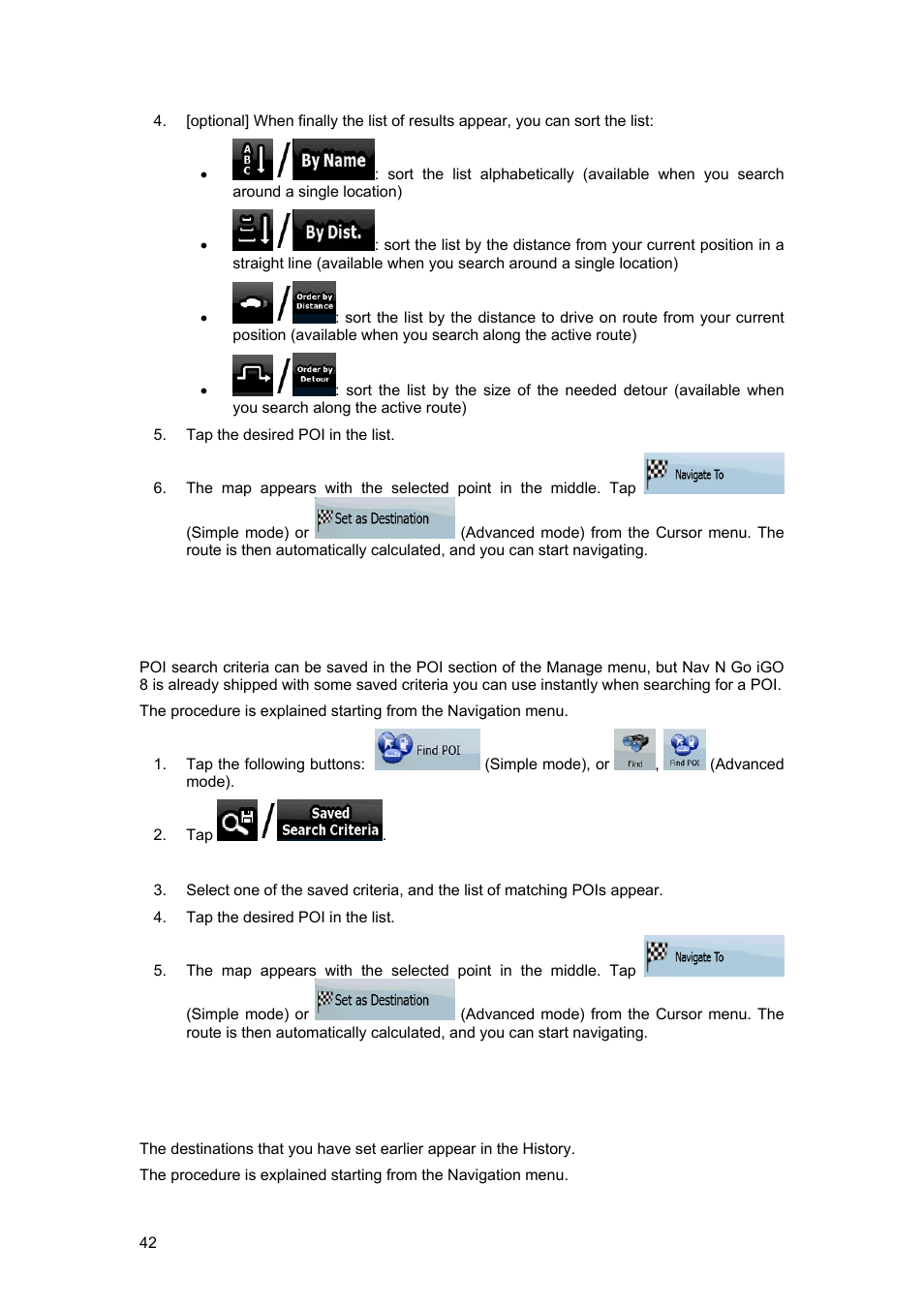 6 selecting the destination from the history, E 42) | Tview D65TSG User Manual | Page 42 / 88