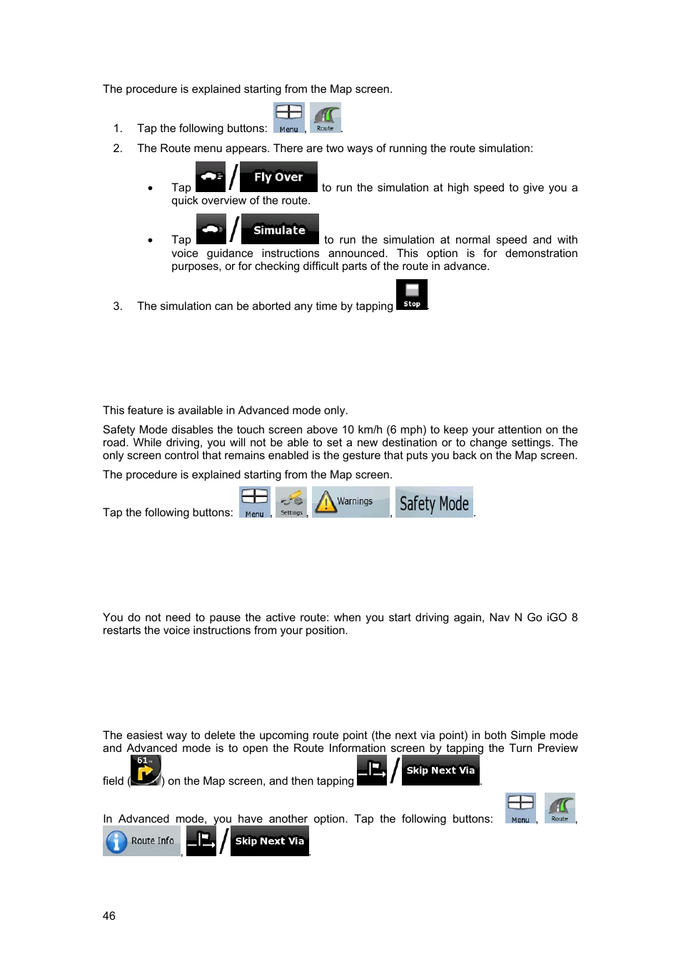 7 enabling safety mode, 8 pausing the active route, 9 deleting the next via point from the route | Tview D65TSG User Manual | Page 46 / 88