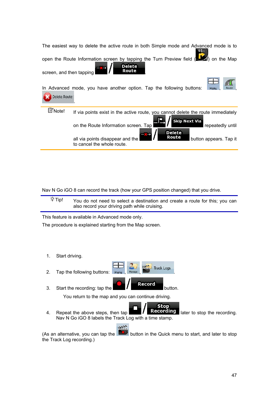 10 deleting the active route, 11 using track logs | Tview D65TSG User Manual | Page 47 / 88