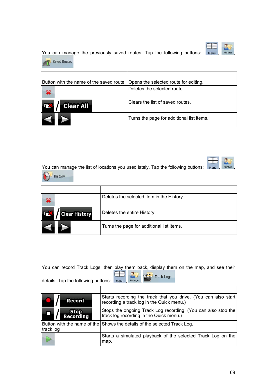 1 manage saved routes, 2 manage history, 3 manage track logs | Tview D65TSG User Manual | Page 69 / 88