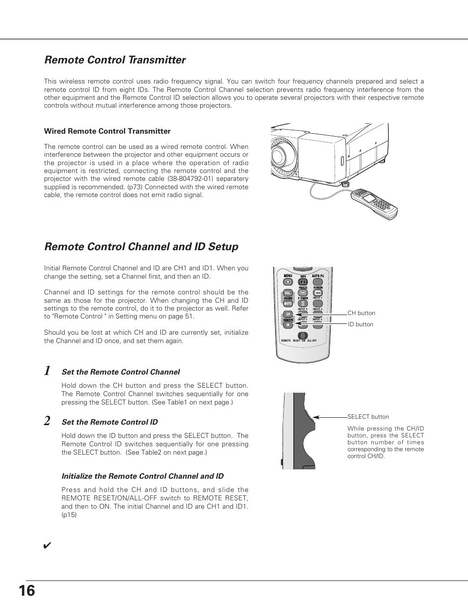 Remote control transmitter, Remote control channel and i, Terminals | Remote control channel and id setup, Preparation, Wired remote control transmitter, Initialize the remote control channel and id | Christie Digital Systems Christie LX66A User Manual | Page 16 / 84