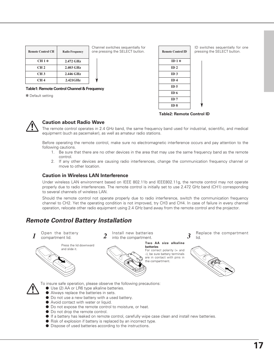 Remote control battery insta, Remote control battery installation, Preparation | Christie Digital Systems Christie LX66A User Manual | Page 17 / 84