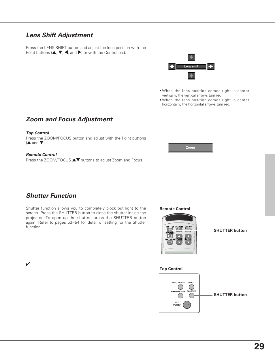 Turning off the projecto, Turning off the projector, Shutter function | Zoom and focus adjustment lens shift adjustment, Basic operation, Basic oper ation | Christie Digital Systems Christie LX66A User Manual | Page 29 / 84