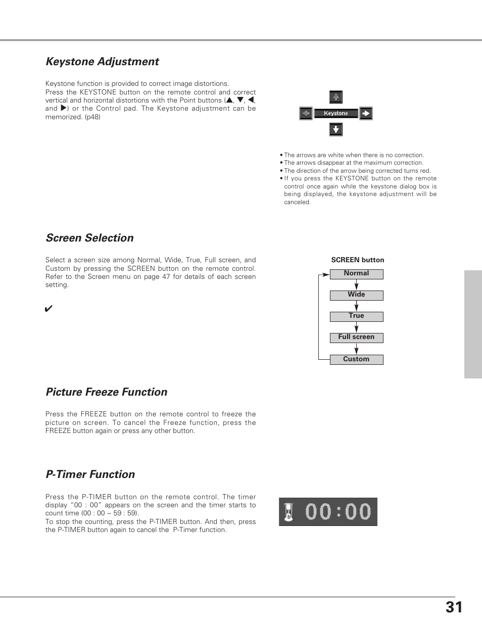 Input selectio, Auto pc adjustmen, Informatio | Lens shift adjustment, Zoom and focus adjustment, Shutter function, Input selection, Auto pc adjustment, Information, P-timer function | Christie Digital Systems Christie LX66A User Manual | Page 31 / 84