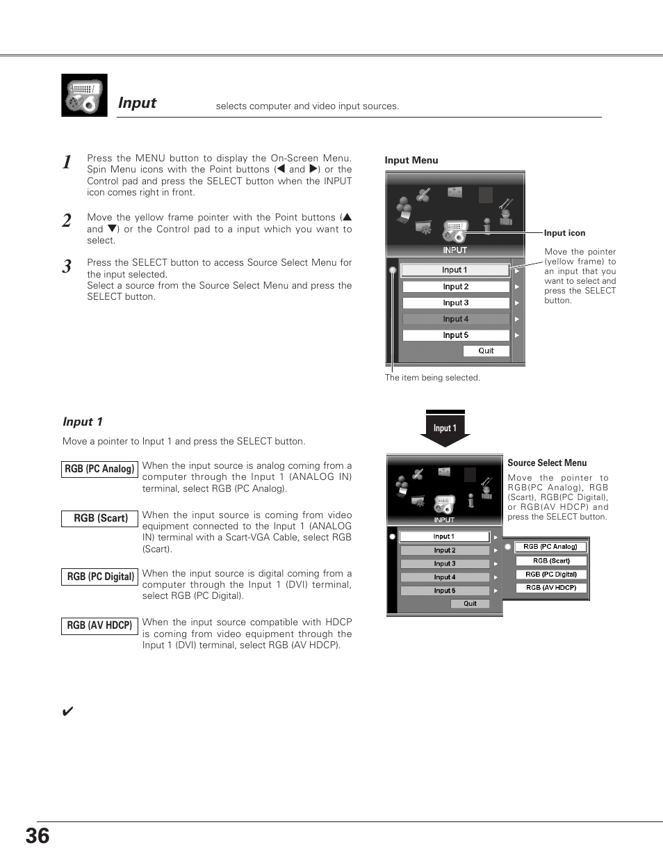 Menu icons and their feature, Menu icons and their features, 3input | Input | Christie Digital Systems Christie LX66A User Manual | Page 36 / 84