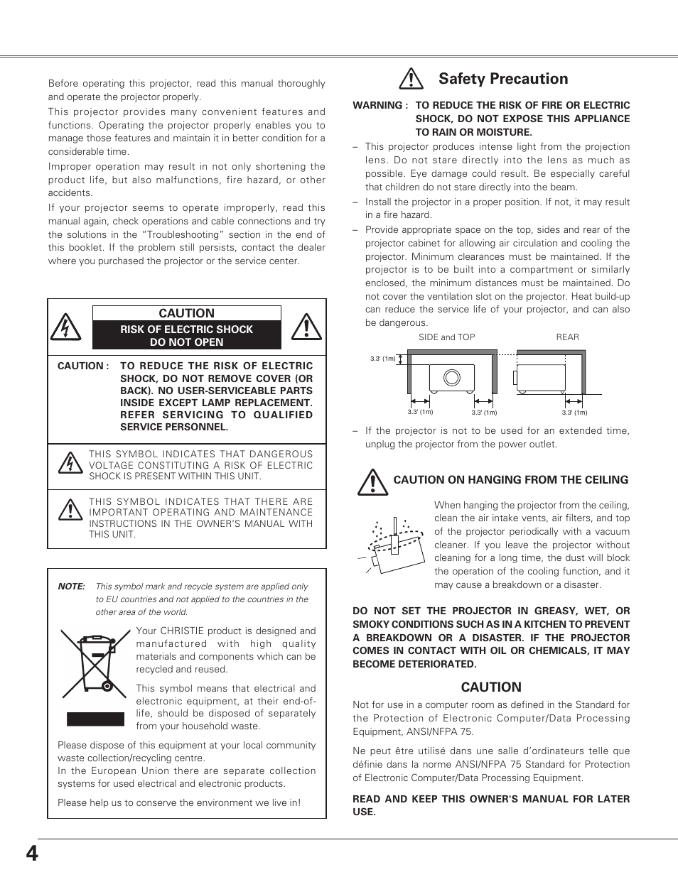 To the owner, Safety precaution, Caution | Christie Digital Systems Christie LX66A User Manual | Page 4 / 84