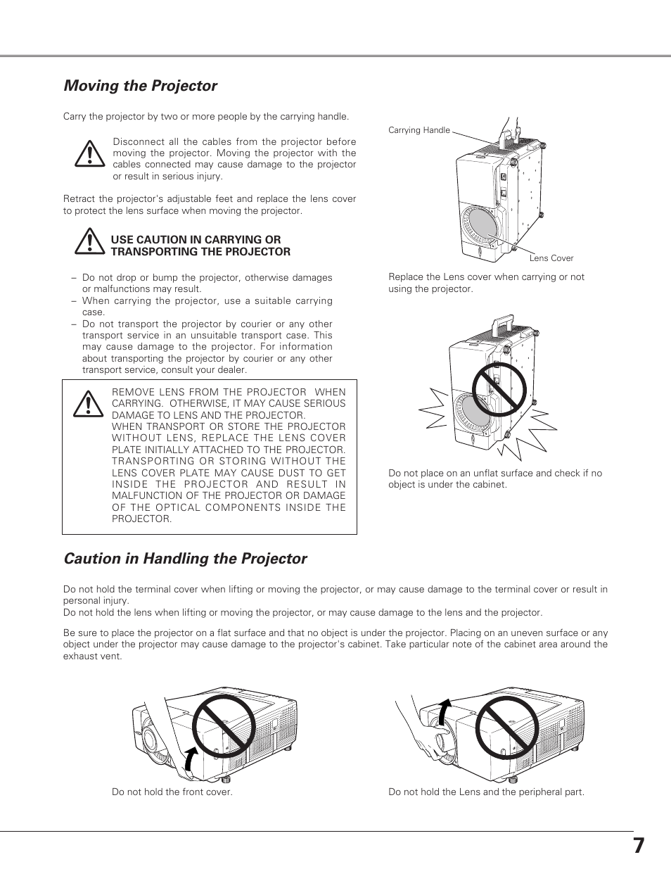 Moving the projector, Caution in handling the proj, Caution in handling the projector | Christie Digital Systems Christie LX66A User Manual | Page 7 / 84