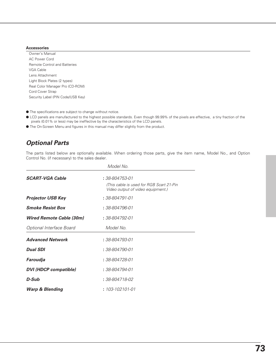 Optional parts | Christie Digital Systems Christie LX66A User Manual | Page 73 / 84