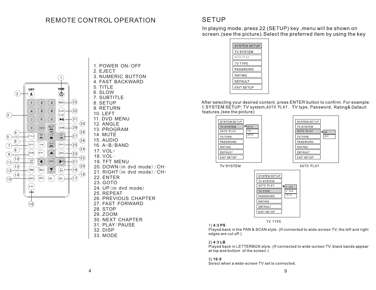 Setup, Remote control operation | Tview DVD70TS User Manual | Page 6 / 8