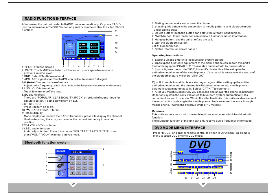 Radio function interface, Bluetooth function system, Dvd mode menu interface | Tview D760BD User Manual | Page 7 / 11