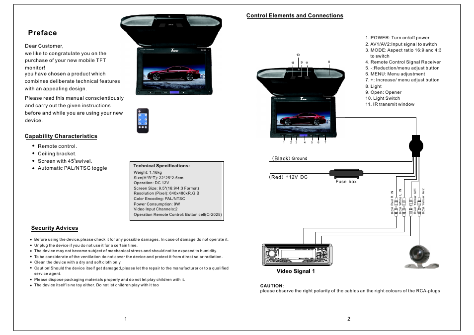 页面 2, Preface, Av1/av2 mo de me nu | Capability characteristics, Security advices, Control elements and connections | Tview T919IR-BK GR TN User Manual | Page 2 / 4
