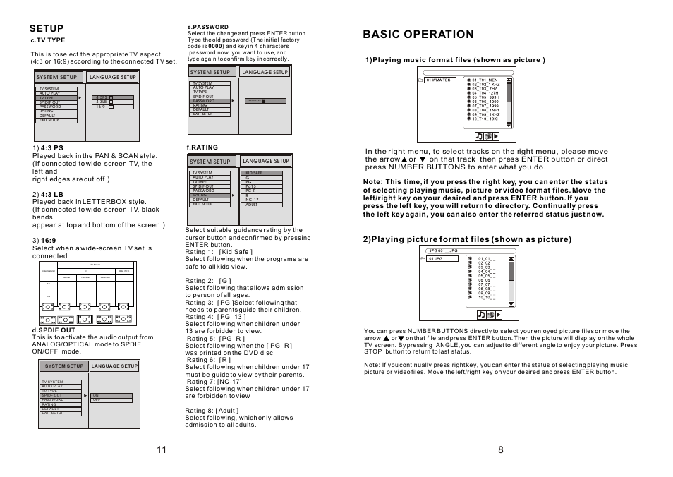 Ò³ãæ 10, Basic operation, Setup | 2)playing picture format files (shown as picture) | Tview T1048DVFD-BK GR TN User Manual | Page 10 / 11