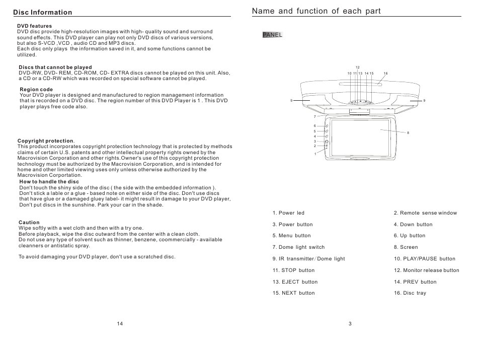 Name and function of each part, Disc information | Tview T132DVFD-BK GR TN User Manual | Page 5 / 10