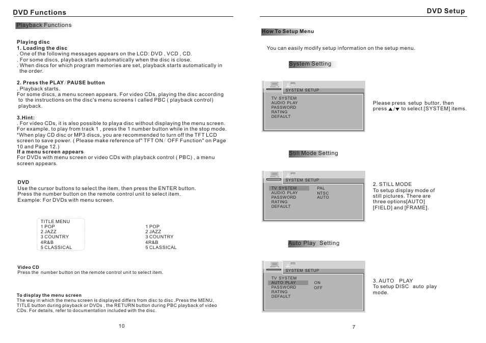 Dvd setup, Dvd functions | Tview T132DVFD-BK GR TN User Manual | Page 9 / 10