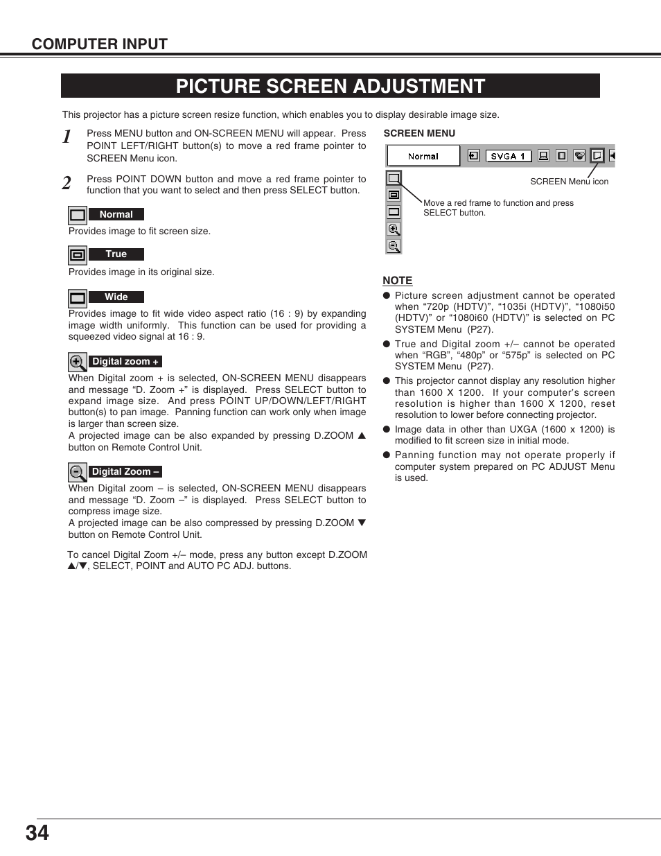 Picture screen adjustment, Computer input | Christie Digital Systems 38-VIV403-01 User Manual | Page 34 / 56