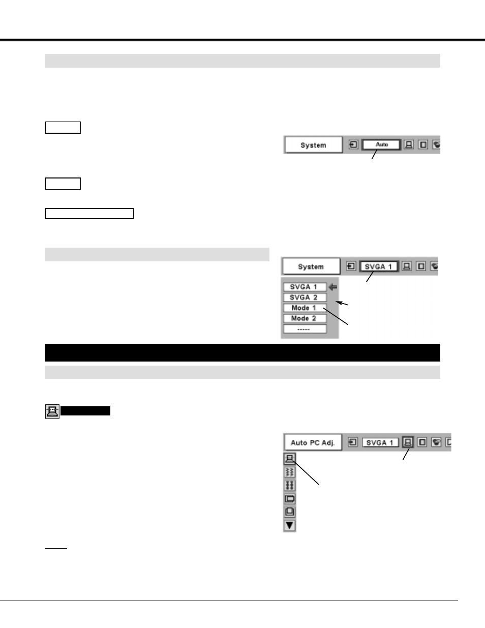 Pc adjustment, Computer input, Select computer system manually | Auto pc adjustment, Automatic multi-scan system | Christie Digital Systems 38-VIV205-01 User Manual | Page 23 / 44