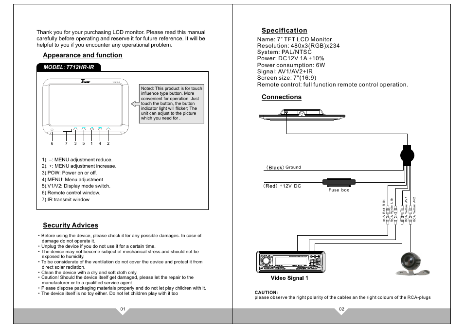 Appearance and function, Specification, Connections | Security advices, Model : t712hr-ir | Tview T712HR-IR User Manual | Page 2 / 4