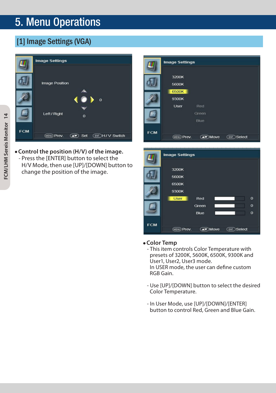 Menu operations, 1] image settings (vga) | TVLogic FCM-461W-S1 User Manual | Page 14 / 32