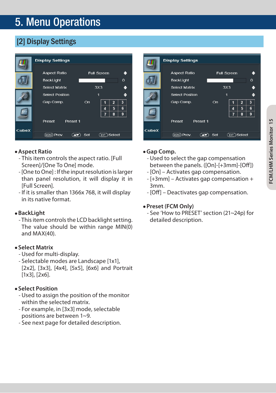 Menu operations, 2] display settings | TVLogic FCM-461W-S1 User Manual | Page 15 / 32