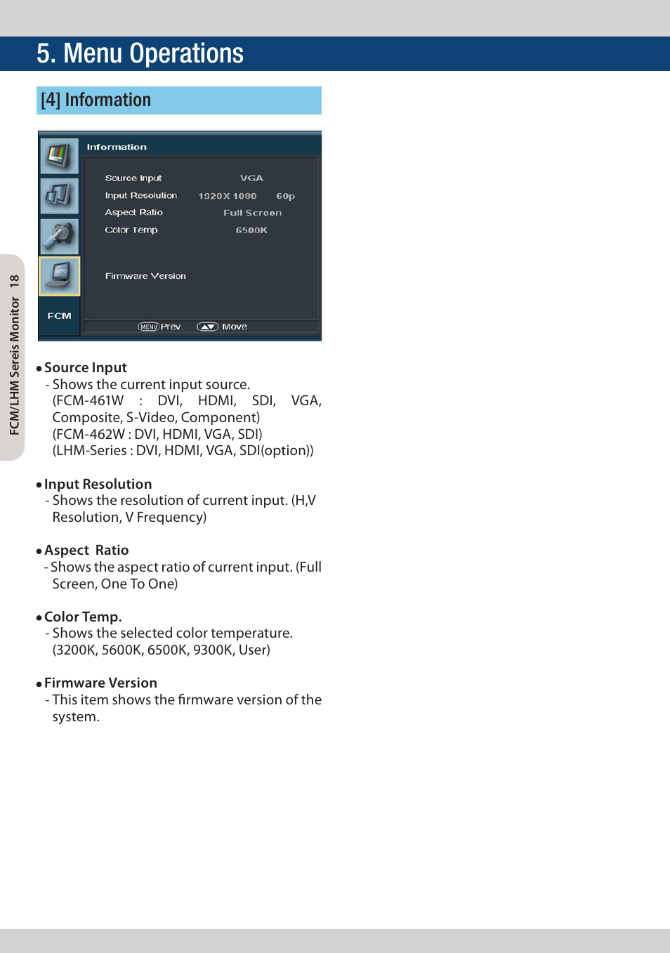 Menu operations, 4] information | TVLogic FCM-461W-S1 User Manual | Page 18 / 32