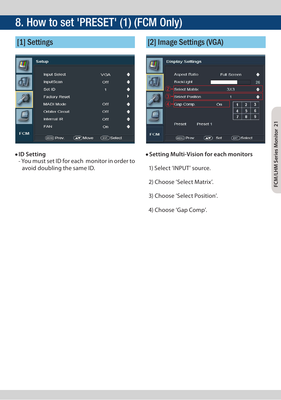 How to set 'preset' (1) (fcm only), 1] settings [2] image settings (vga) | TVLogic FCM-461W-S1 User Manual | Page 21 / 32