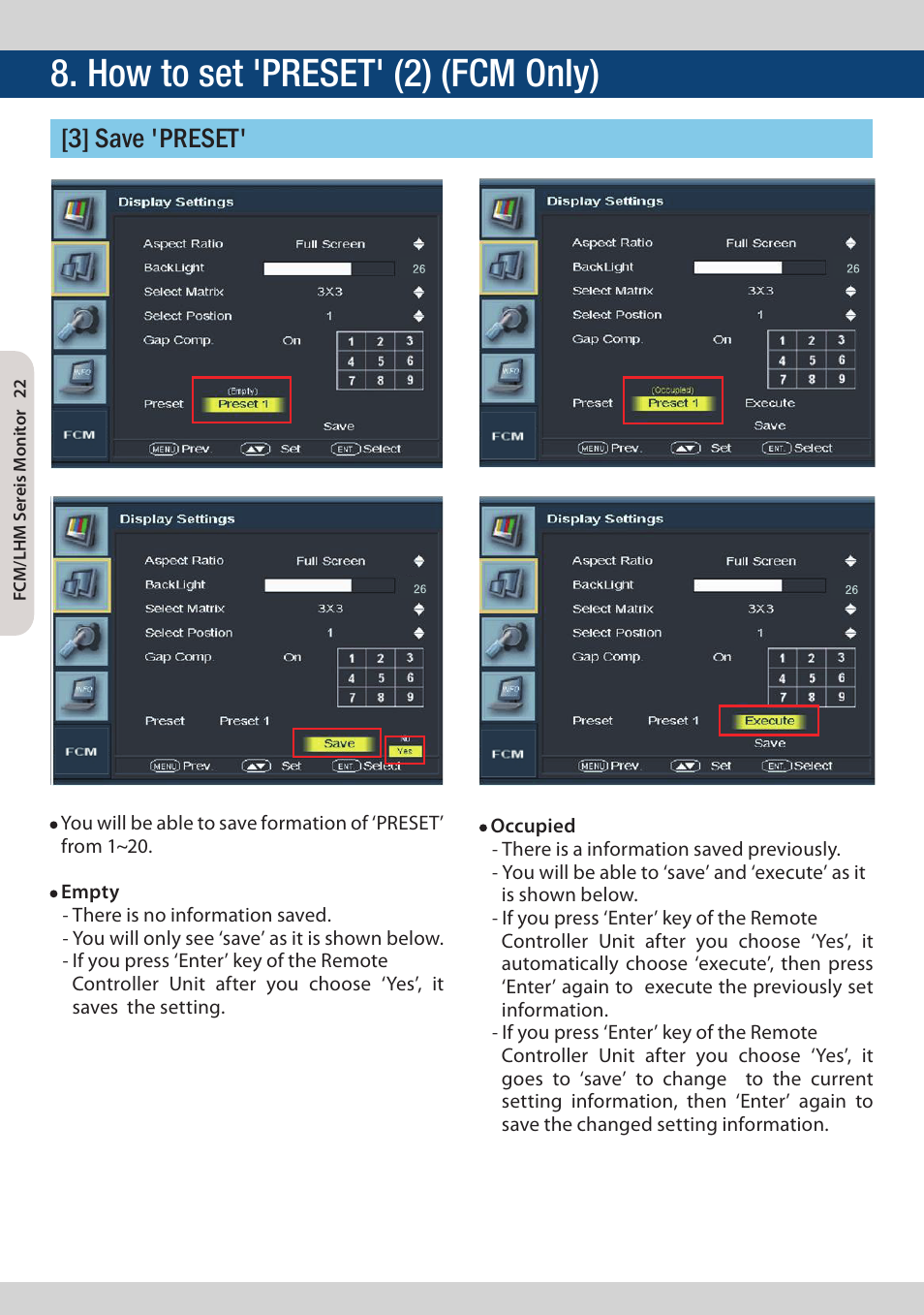 How to set 'preset' (2) (fcm only), 3] save 'preset | TVLogic FCM-461W-S1 User Manual | Page 22 / 32