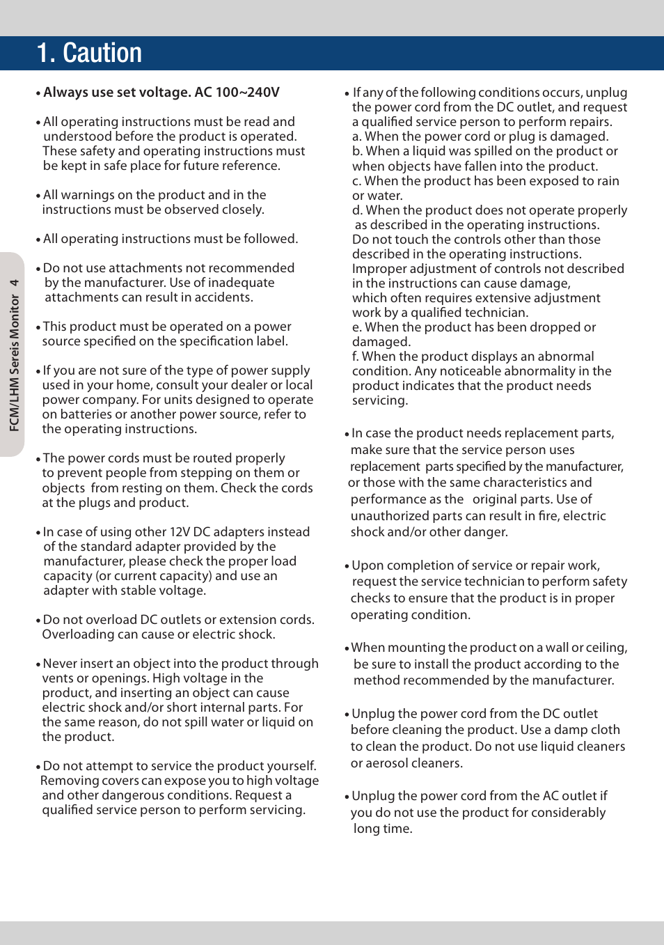 Caution | TVLogic FCM-461W-S1 User Manual | Page 4 / 32