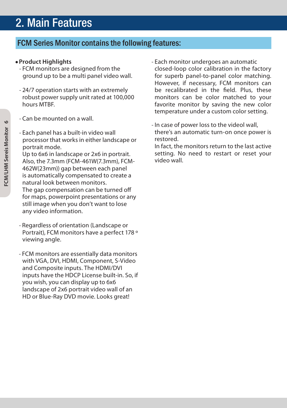 Main features, Fcm series monitor contains the following features | TVLogic FCM-461W-S1 User Manual | Page 6 / 32