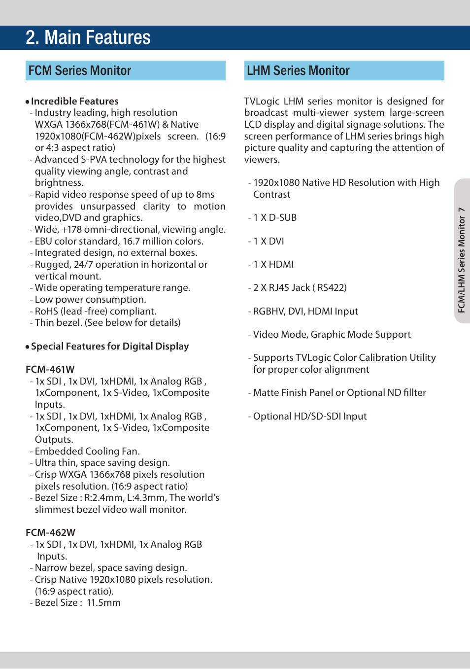 Main features, Lhm series monitor fcm series monitor | TVLogic FCM-461W-S1 User Manual | Page 7 / 32