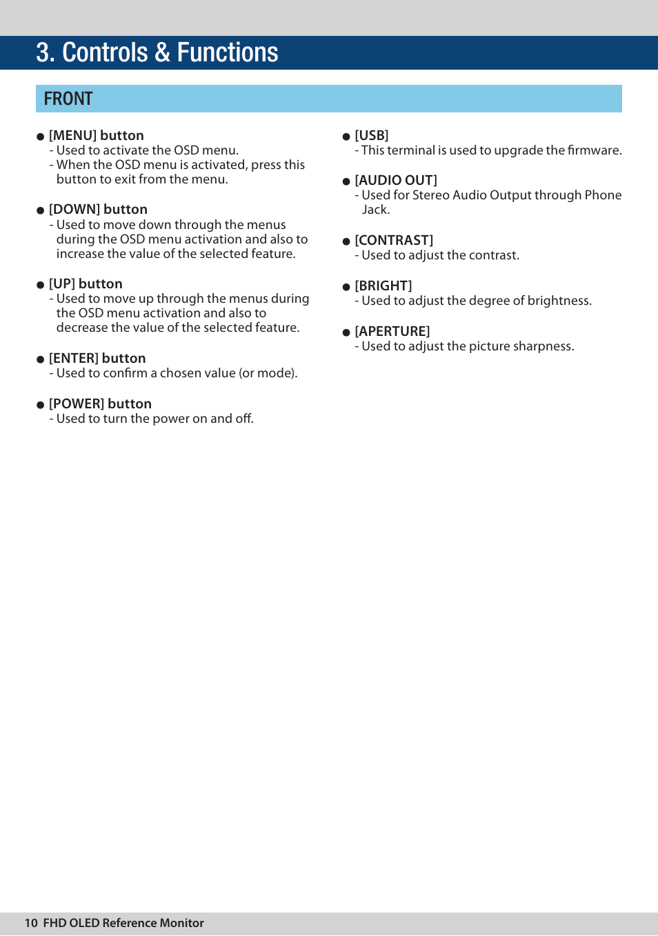 Controls & functions, Front | TVLogic LEM-250C User Manual | Page 10 / 44