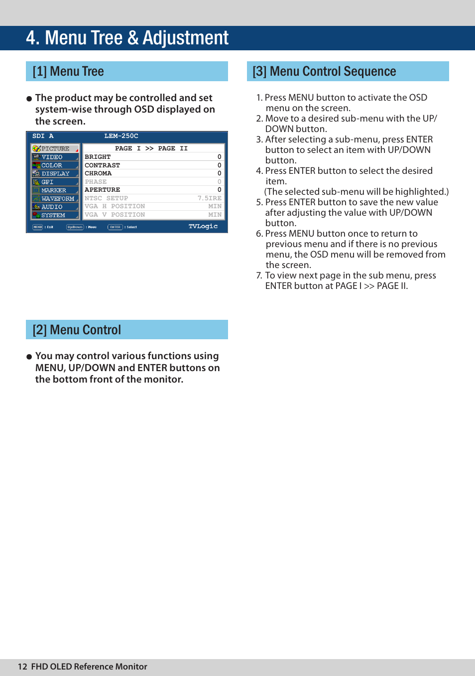 Menu tree & adjustment | TVLogic LEM-250C User Manual | Page 12 / 44