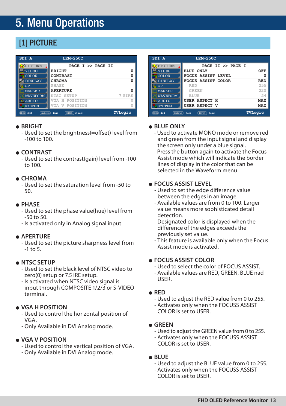 Menu operations, 1] picture, Bright | Contrast, Chroma, Phase, Aperture, Ntsc setup, Vga h position, Vga v position | TVLogic LEM-250C User Manual | Page 13 / 44