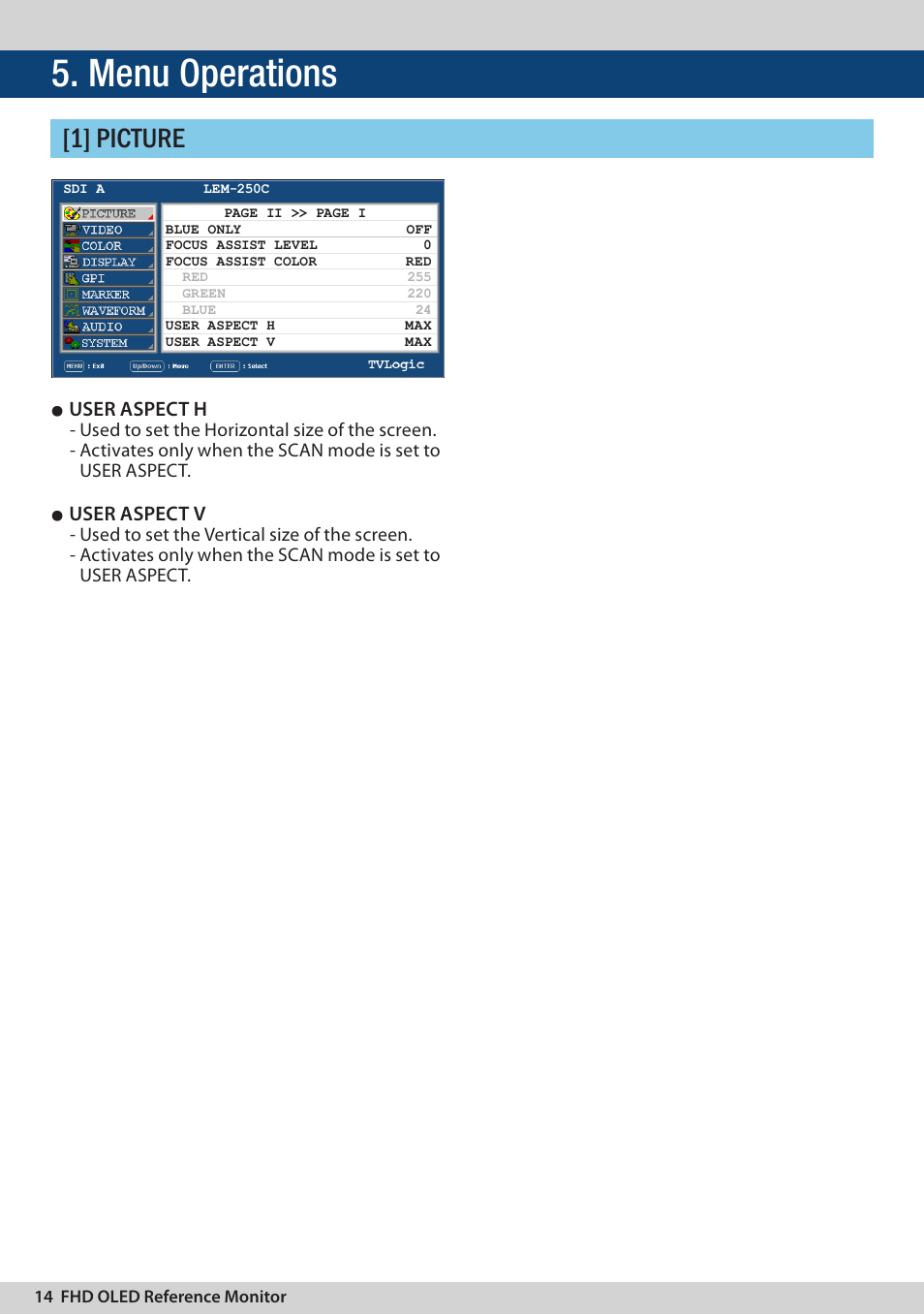 Menu operations, 1] picture, User aspect h | User aspect v | TVLogic LEM-250C User Manual | Page 14 / 44