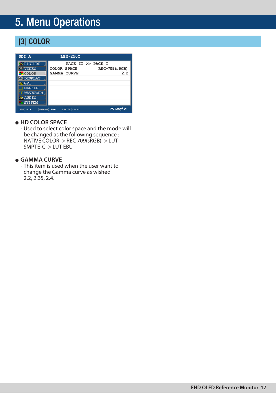 Menu operations, 3] color | TVLogic LEM-250C User Manual | Page 17 / 44