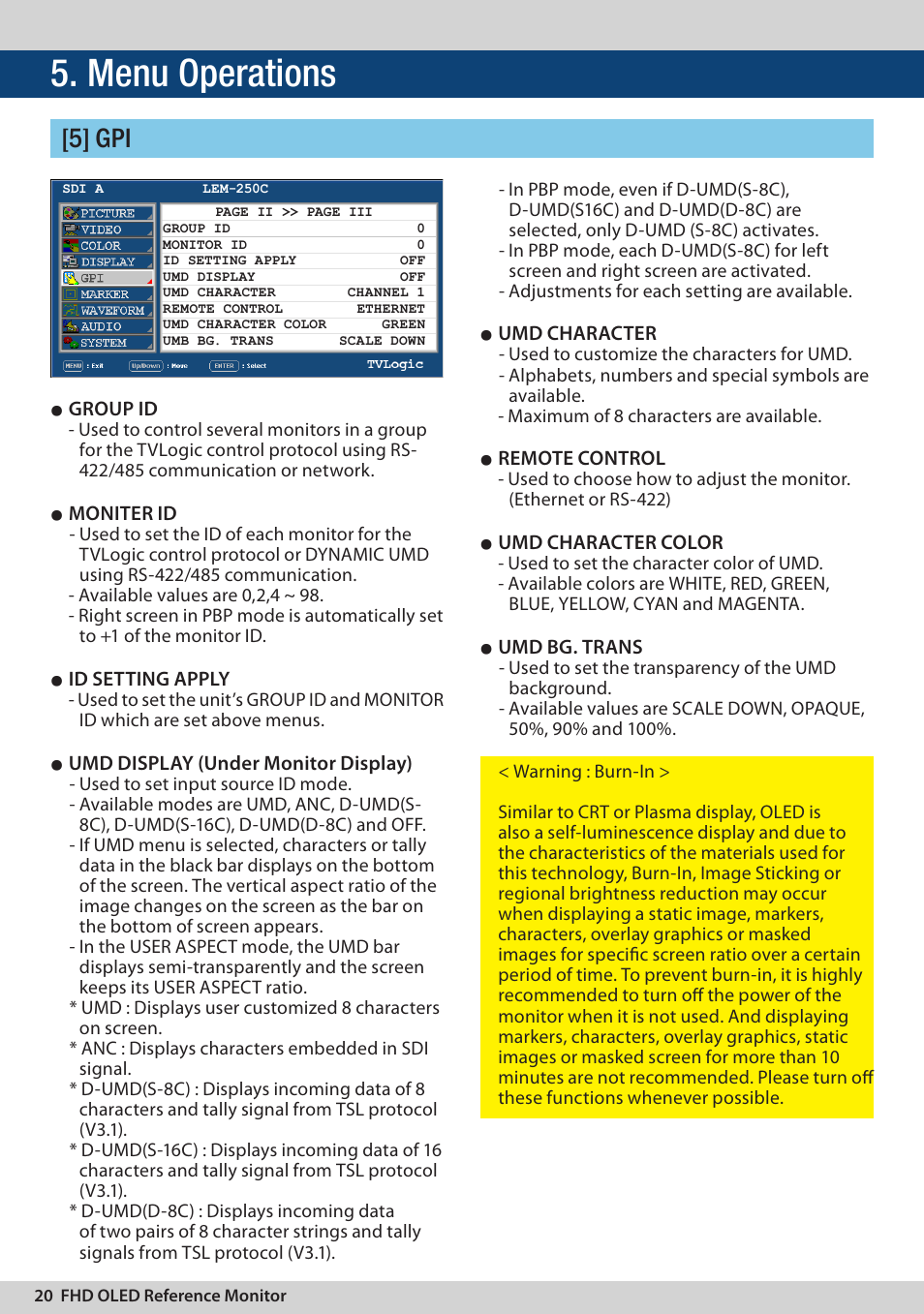 Menu operations, 5] gpi | TVLogic LEM-250C User Manual | Page 20 / 44