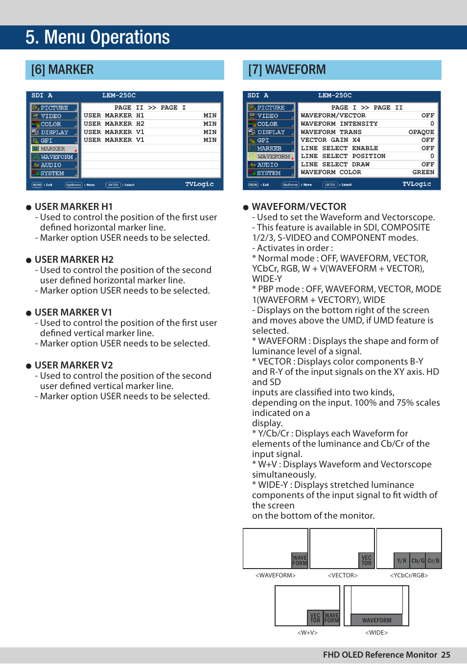 Menu operations, 6] marker [7] waveform, User marker h1 | User marker h2, User marker v1, User marker v2, Waveform/vector | TVLogic LEM-250C User Manual | Page 25 / 44