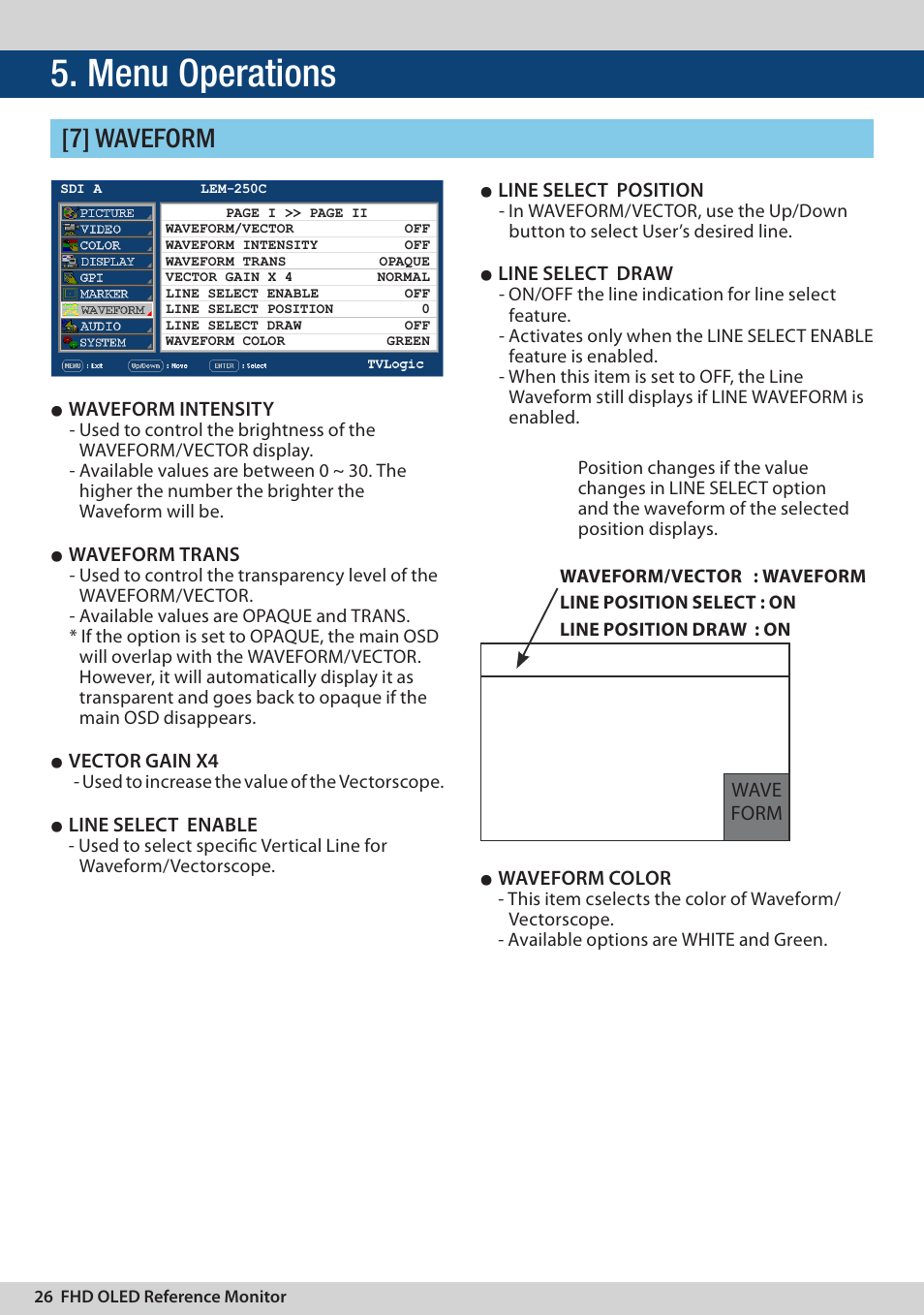 Menu operations, 7] waveform, Waveform intensity | Waveform trans, Vector gain x4, Line select enable, Line select position, Line select draw, Waveform color, Wave form | TVLogic LEM-250C User Manual | Page 26 / 44