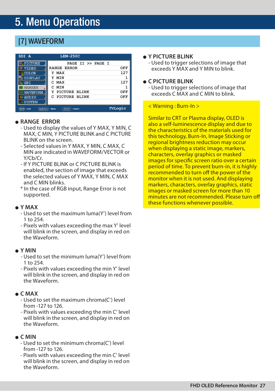 Menu operations, 7] waveform | TVLogic LEM-250C User Manual | Page 27 / 44