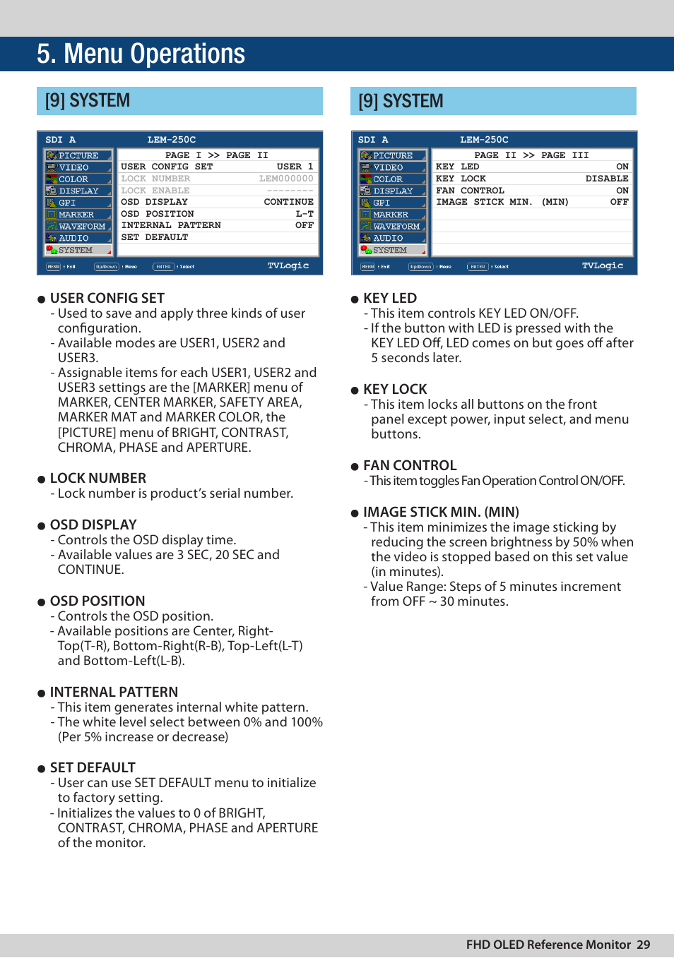Menu operations, 9] system, User config set | Lock number, Osd display, Osd position, Internal pattern, Set default, Key led, Key lock | TVLogic LEM-250C User Manual | Page 29 / 44