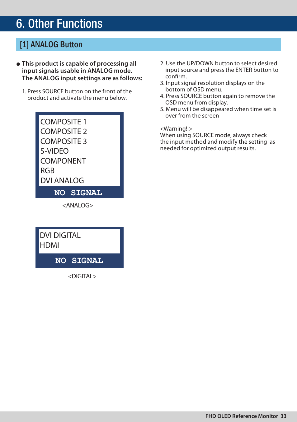 Other functions, 1] analog button, No signal | Dvi digital hdmi | TVLogic LEM-250C User Manual | Page 33 / 44