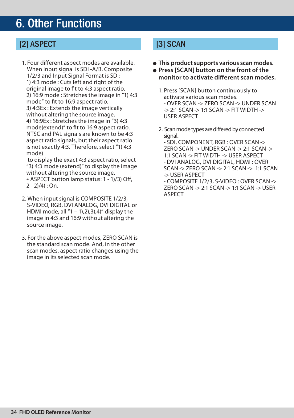 Other functions, 3] scan, 2] aspect | TVLogic LEM-250C User Manual | Page 34 / 44