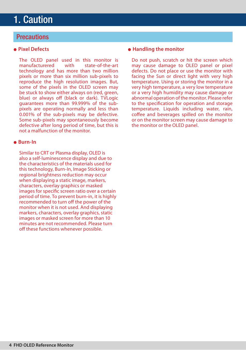 Caution, Precautions | TVLogic LEM-250C User Manual | Page 4 / 44