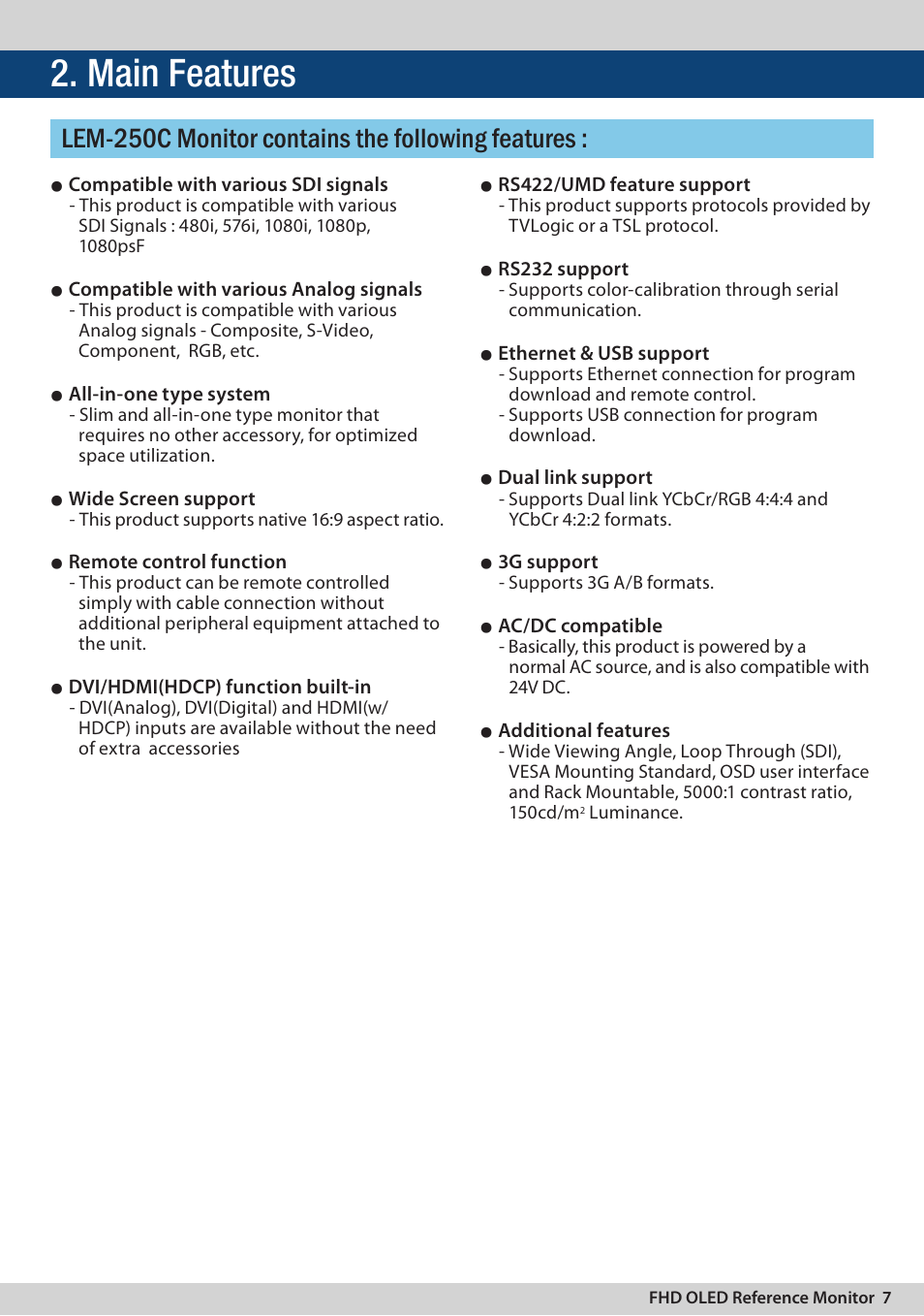 Main features, Lem-250c monitor contains the following features | TVLogic LEM-250C User Manual | Page 7 / 44